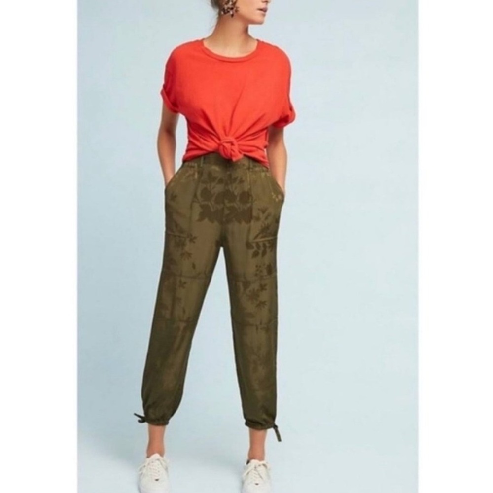 Anthropologie‎ SATIN Olive Floral Jacquard Jogger Pants Women MEDIUM